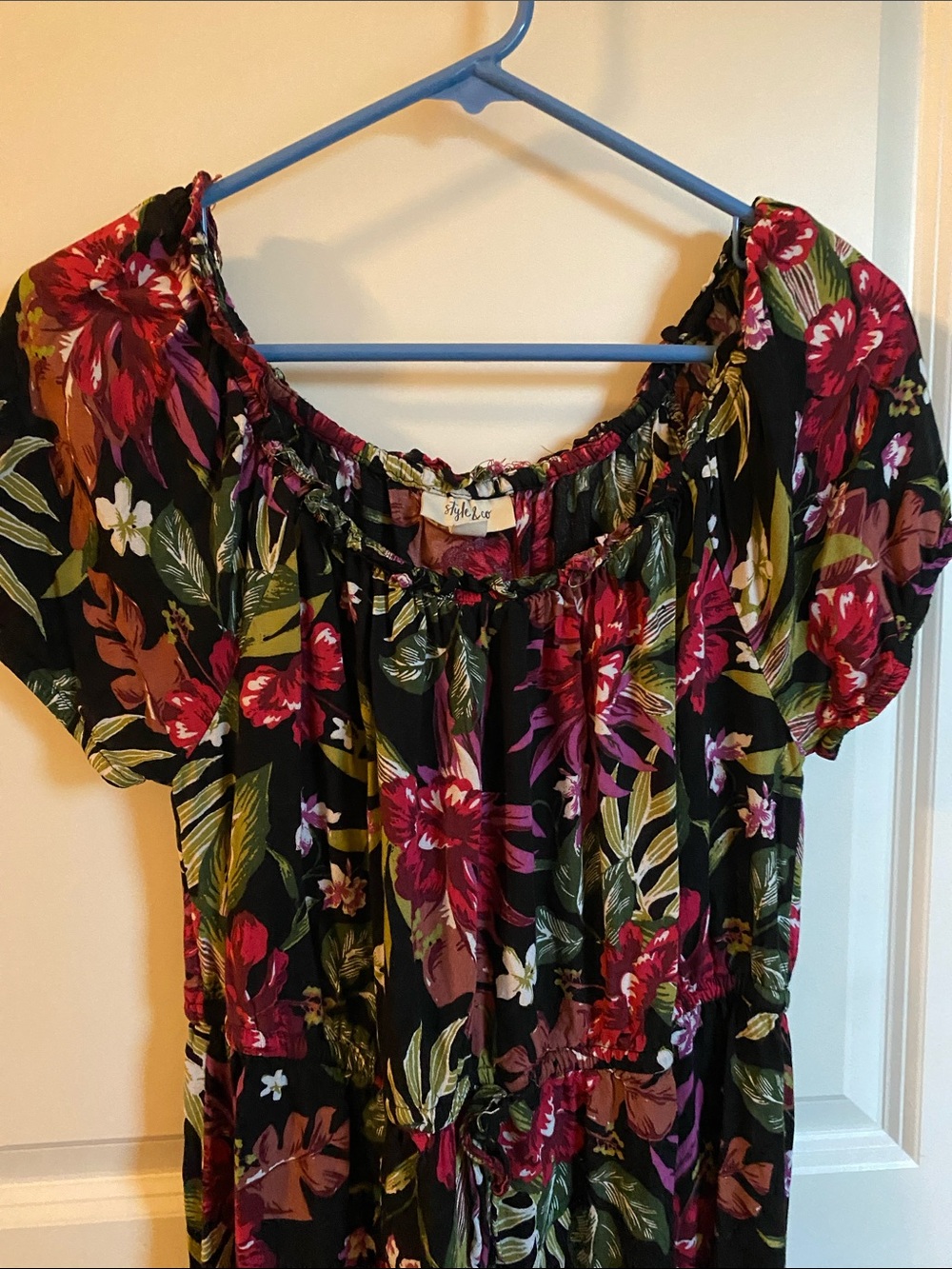 Style & Co. Black Floral Off-Shoulder Blouse with Pink & Green